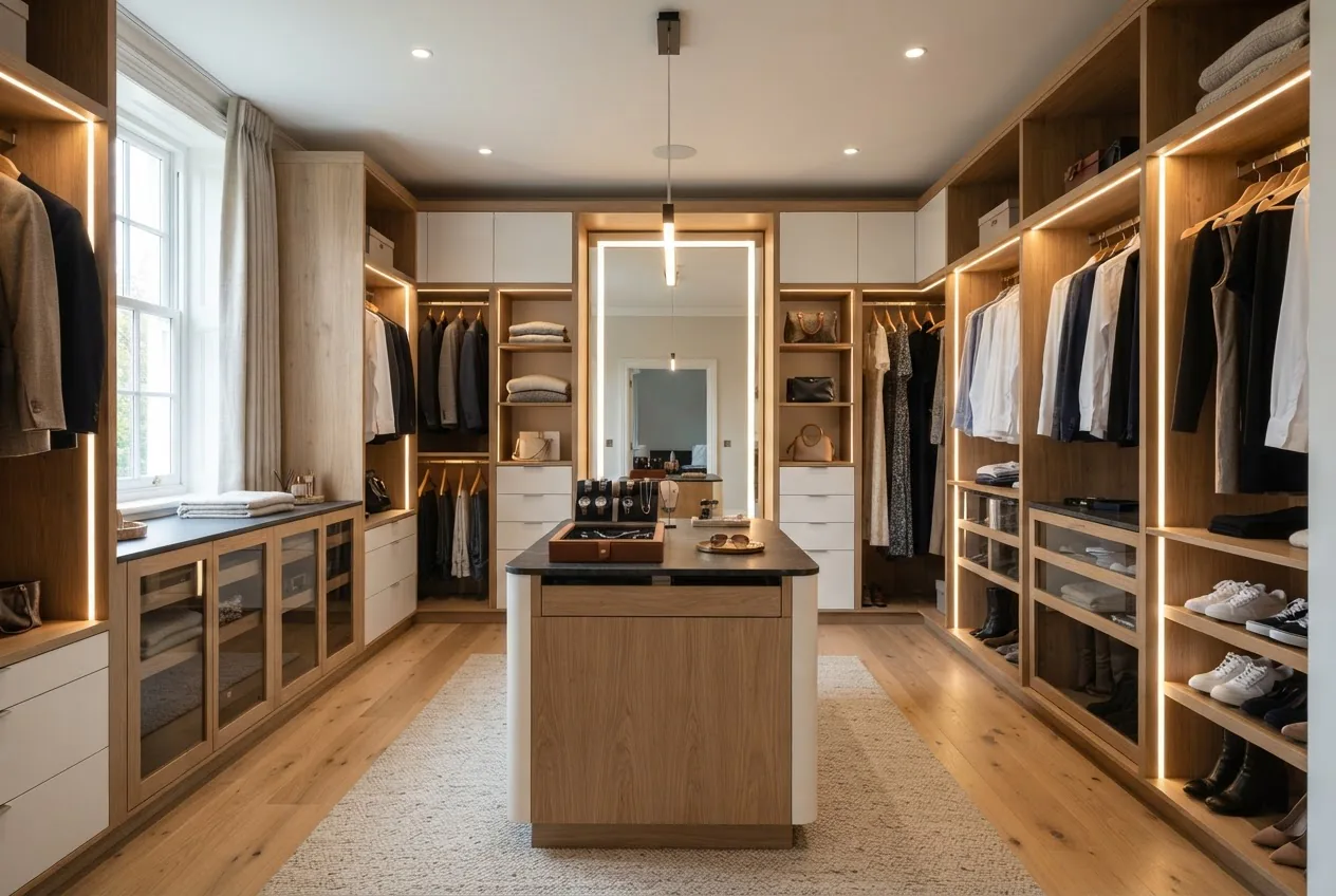 a modern walk-in wardrobe with U-shaped cabinetry, central island, LED strip lighting, timber and white finishes, showing a clear 1000 mm
