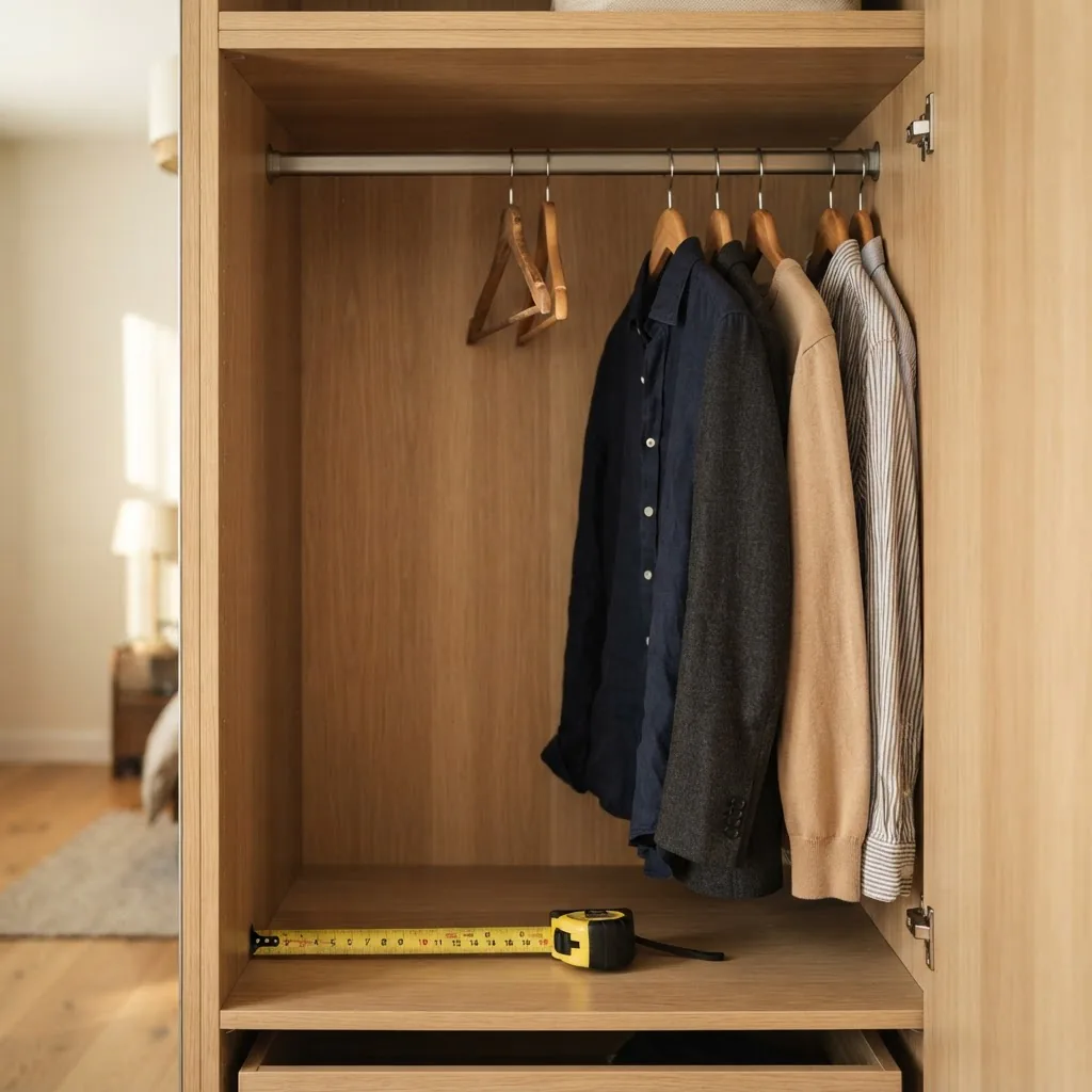 Photorealistic image showing an open wardrobe interior with a hanging rail, several adult hangers and a tape measure indicating