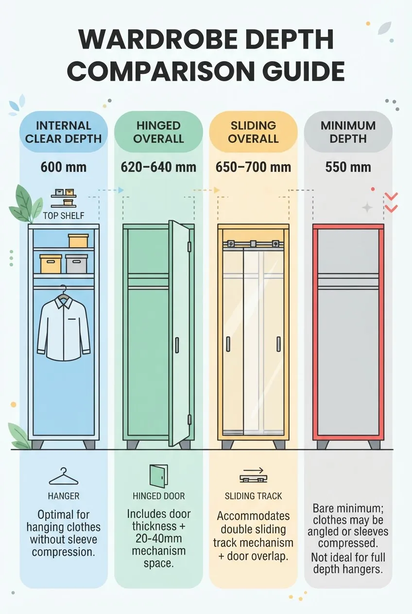 comparing wardrobe depths: three columns showing Internal clear depth 600 mm, Hinged overall 620–640 mm, Sliding overall 650–700 mm; a