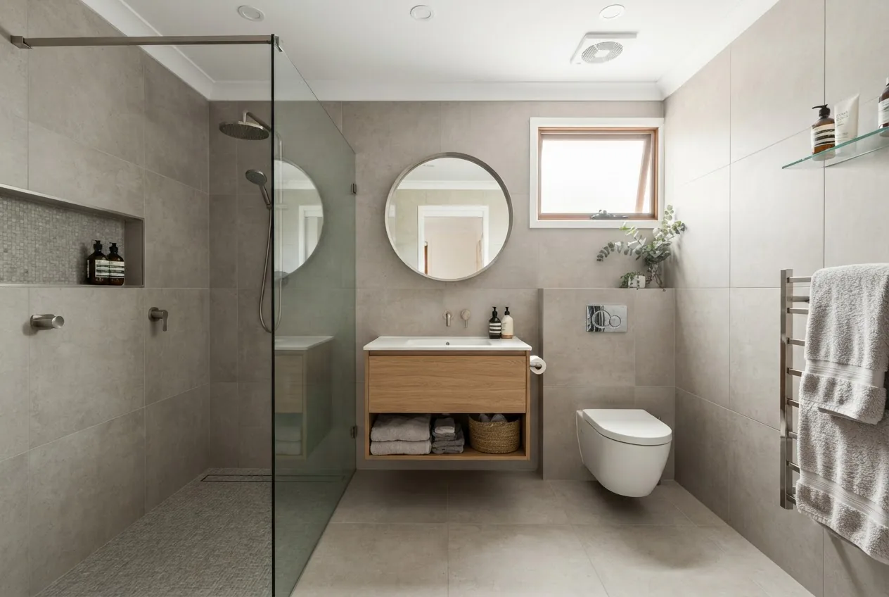 a compact modern Australian bathroom seen front-on, featuring a hobless shower with frameless glass, wall-hung vanity, neutral large-format