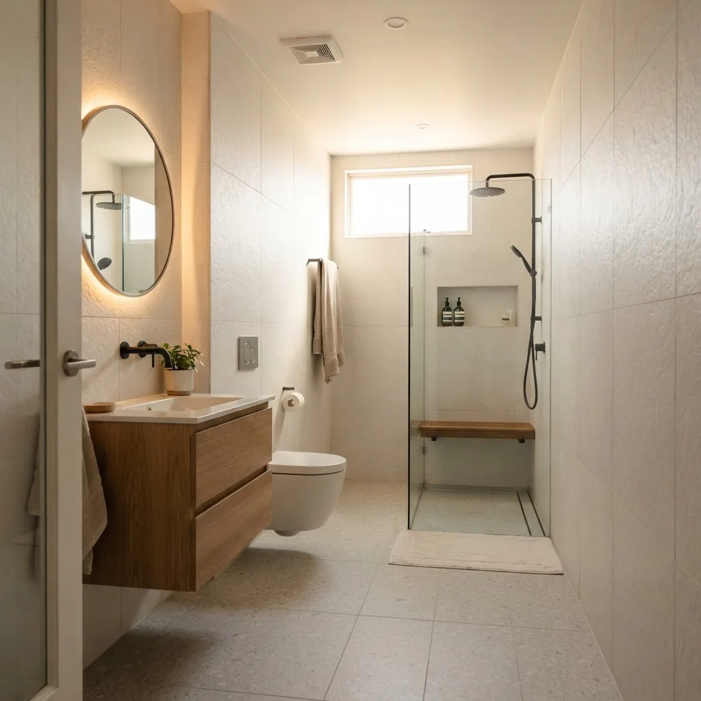 a narrow three-in-a-row bathroom layout with wall-hung vanity by the door, toilet in the middle and frameless hobless shower at the far