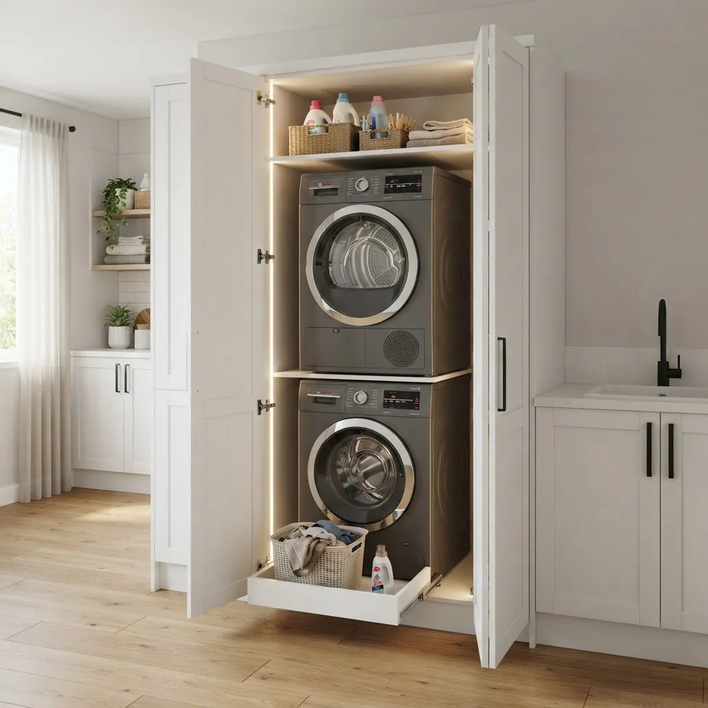 a stacked washer and dryer inside a 720mm deep tall laundry cupboard, bi-fold doors open, LED lighting, white cabinetry, matte black