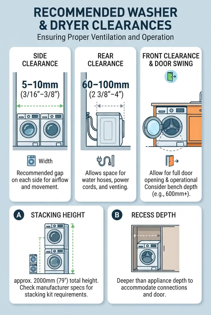 shows recommended clearances for washers and dryers with three panels: side clearance 5–10mm, rear clearance 60–100mm, front clearance and