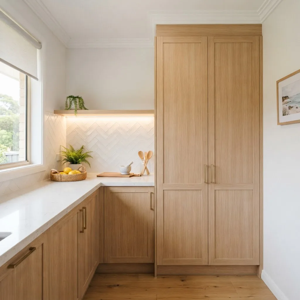 a coastal-inspired small kitchen benchtop and cabinetry. Right-aligned shot of a compact pantry area with light timber veneer doors,