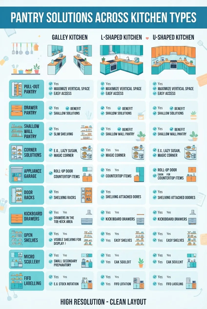 maps ten pantry solutions across three kitchen types (galley, L-shaped, U-shaped). Show icons for pull-out pantry, drawer pantry, shallow
