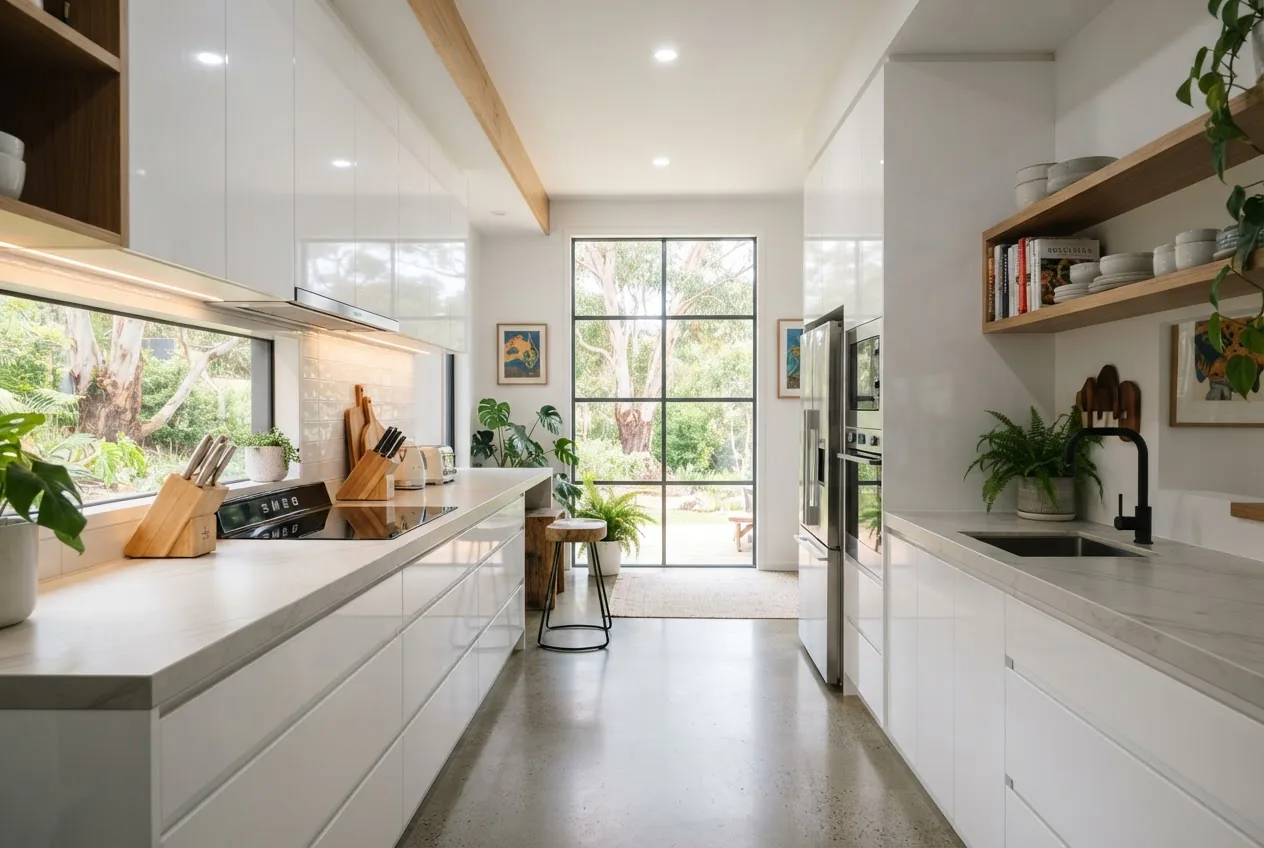 a modern galley kitchen in Australia showing a narrow corridor-style layout with white cabinets, timber accents, porcelain benchtops, LED