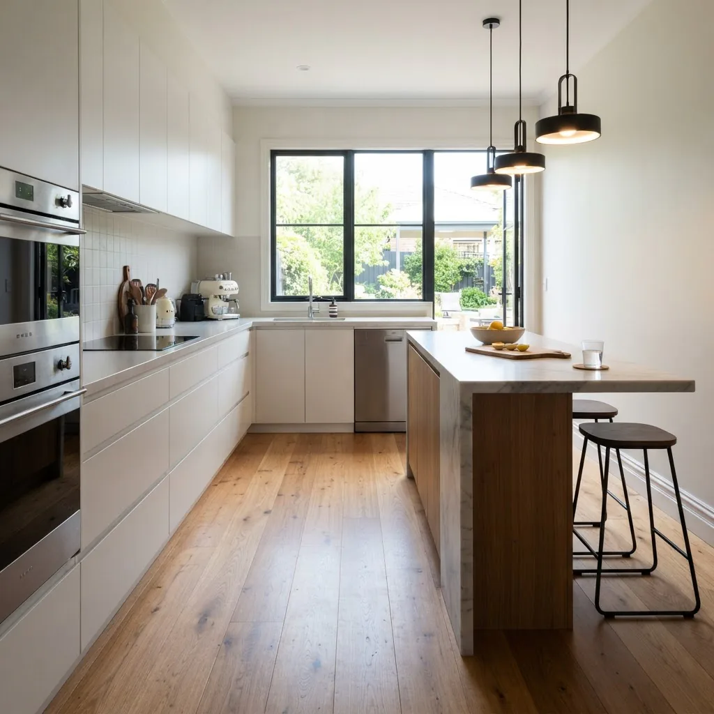 a narrow galley kitchen with a slim island 700-800mm deep, 1000mm clear walkway, timber floor, pendant lights above the island, bright