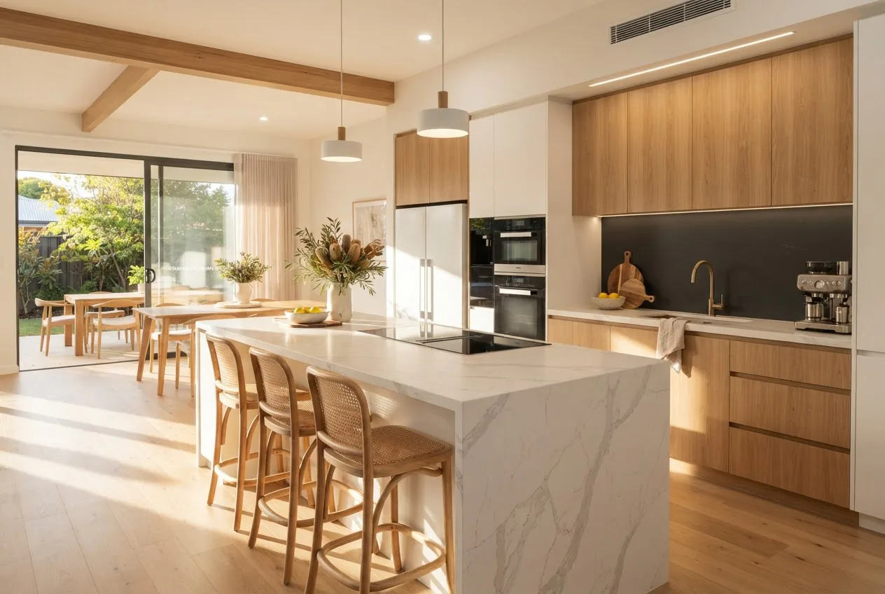 A bright contemporary Perth kitchen with a large island, porcelain benchtop, timber accents and integrated appliances, wide-angle view with