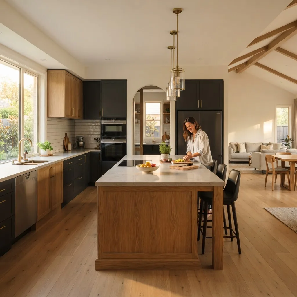 Modern open-plan island kitchen with timber island and pendant lights, integrated appliances, scullery doorway visible, warm afternoon
