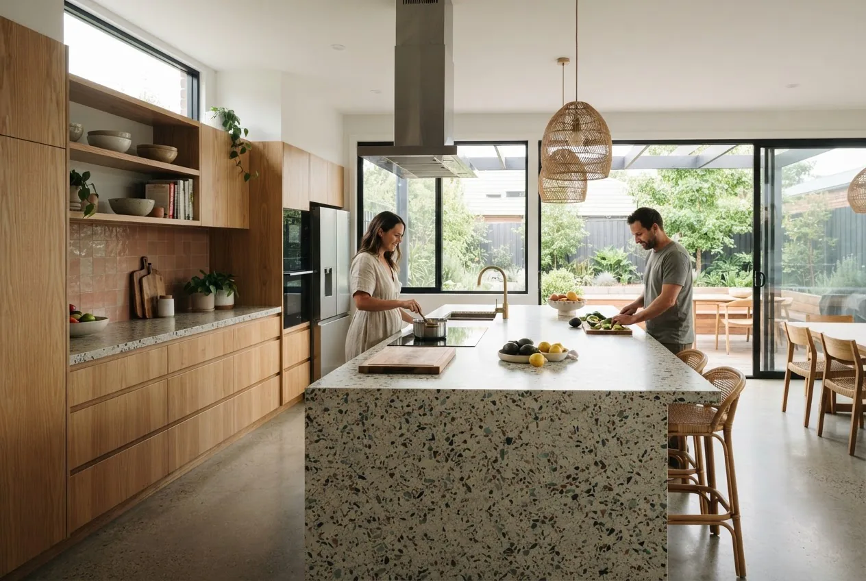 a modern Australian kitchen with FSC-certified timber cabinetry, recycled glass benchtop, a large multifunction island, abundant natural