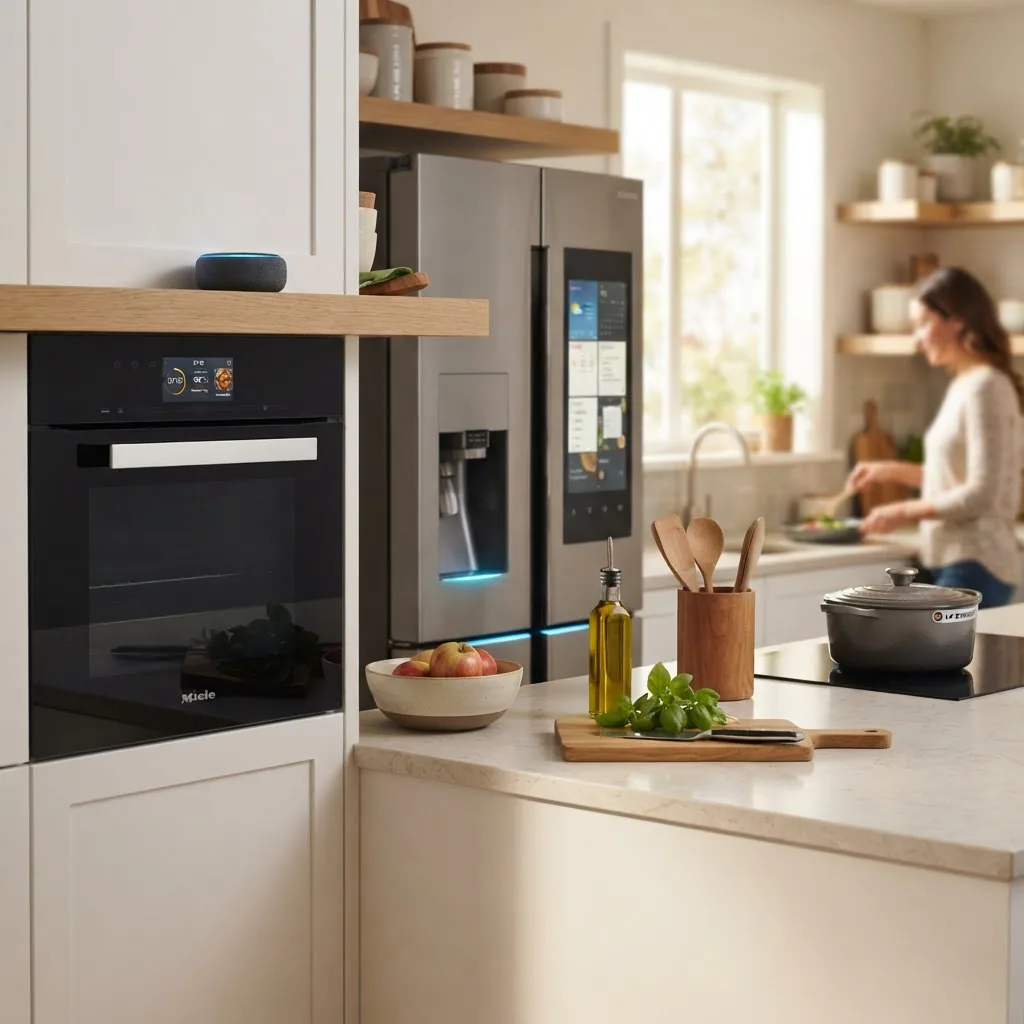 a modern kitchen counter with smart appliances: a touchscreen oven display, a smart fridge with subtle status lights, a small