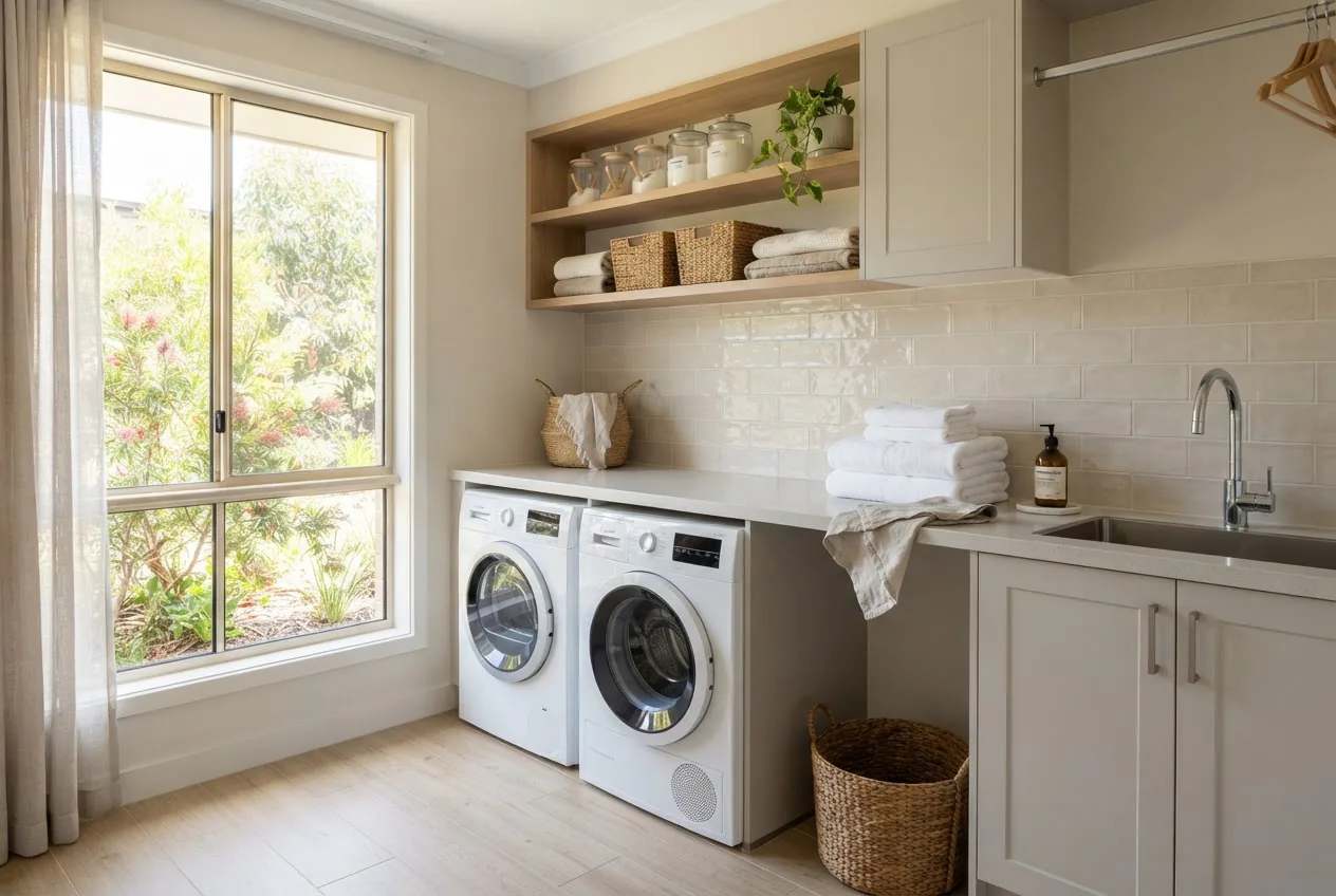 a modern Australian laundry with a front-loading washer and dryer under a stone benchtop, bright natural light, neutral tones, clean