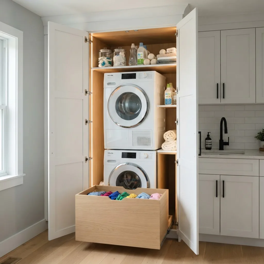 a stacked washer and dryer inside a tall white cabinet with bi-fold doors open, LED lighting, matte black tapware and a pull-out laundry
