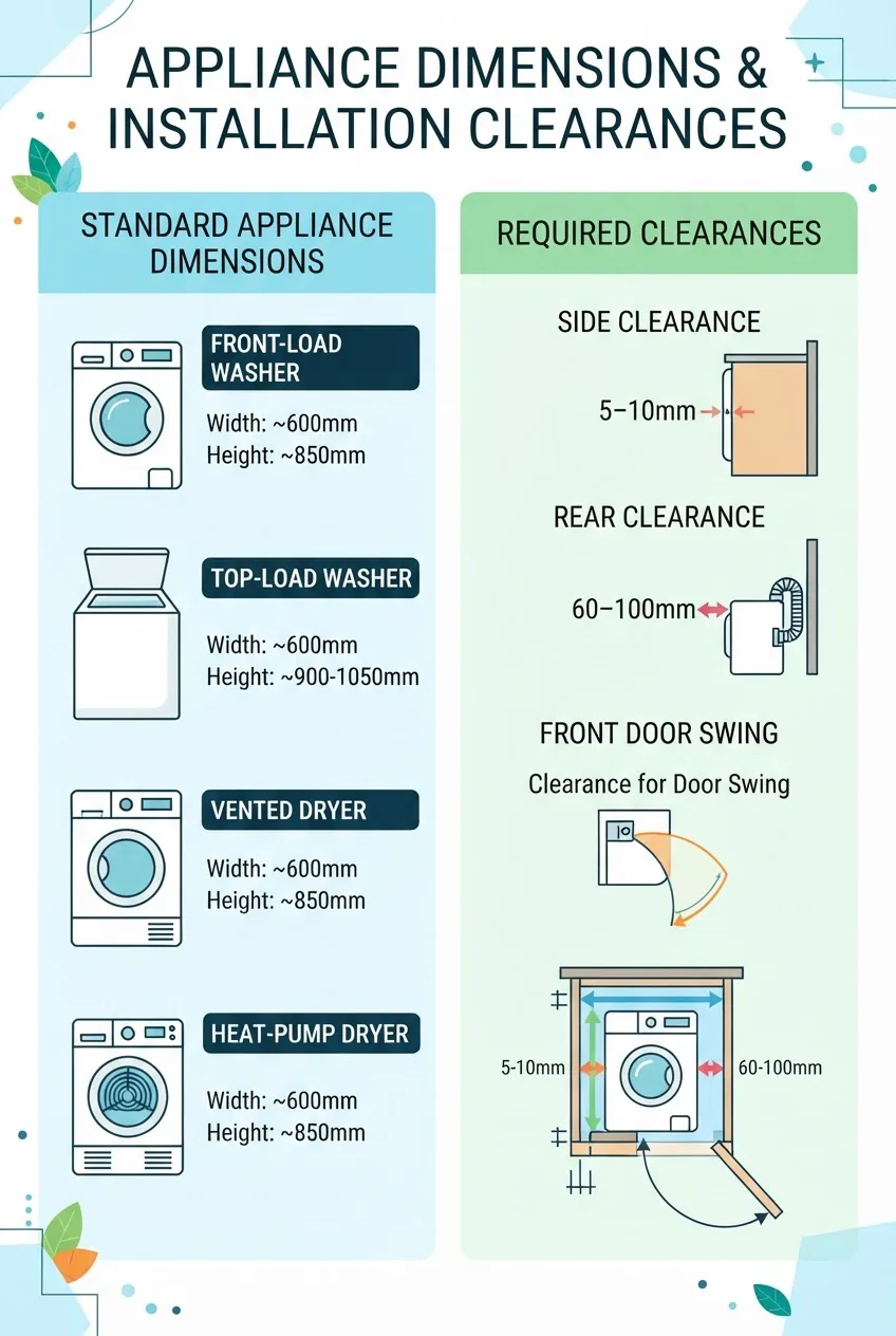 with two columns: left column lists standard appliance widths and heights (front-loader, top-loader, vented and heat-pump dryer) with