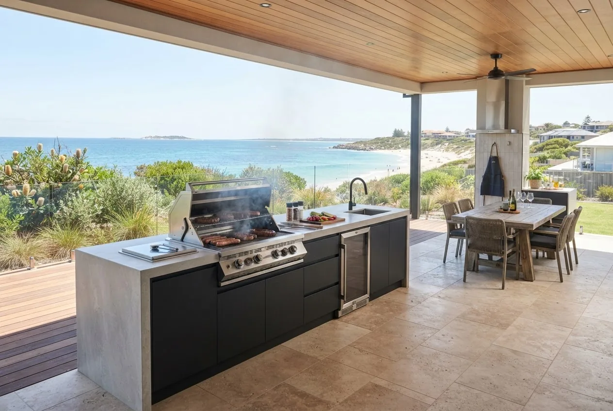 a modern Perth alfresco kitchen showing an Aussie made built-in barbecue integrated into a porcelain benchtop, powder-coated aluminium